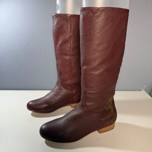 Fiel Tall Boots Women 6 Burgundy Studded Leather Pull On Round Toe